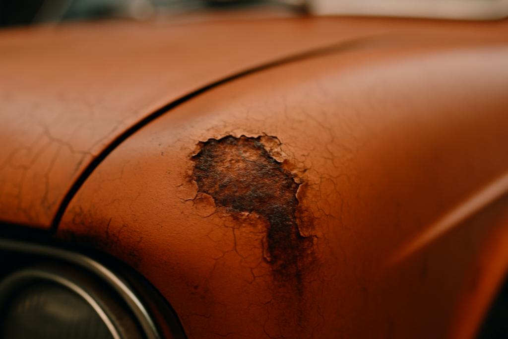 Lataria de carro clássico com bolha de ferrugem