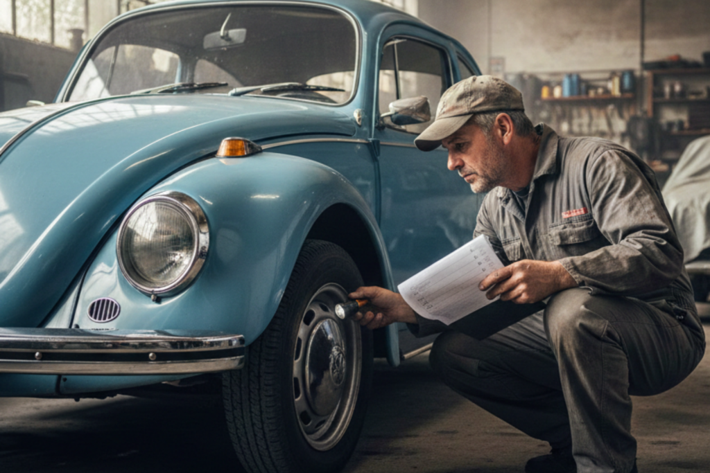 Mão segurando lanterna inspecionando clássico